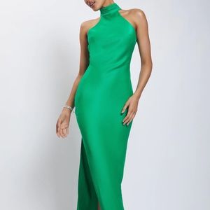 Green satin drape back maxi dress small NWT